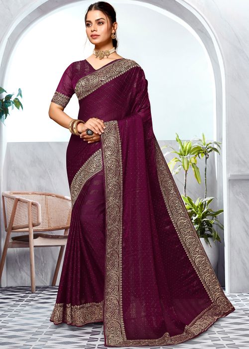 Wine Stone Embellished Art Silk Saree