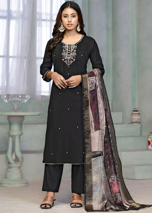 Black Embroidered Cotton Salwar Suit Set