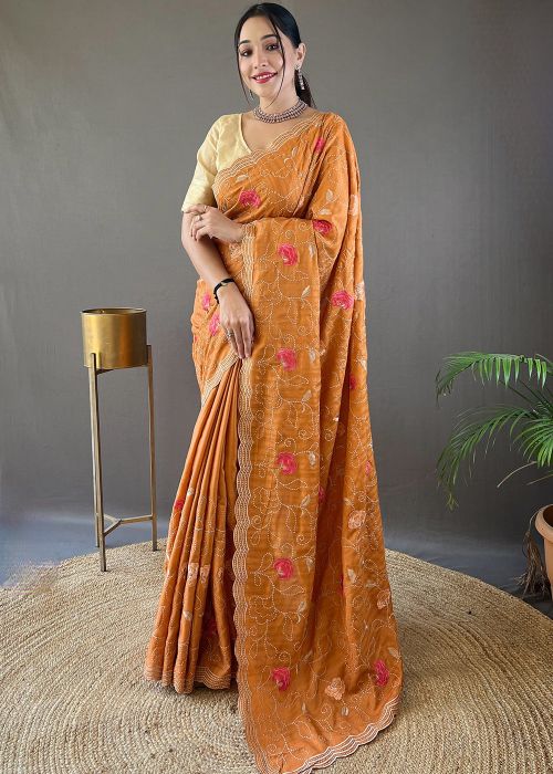 Orange Tussar Silk Saree In Thread Embroidery