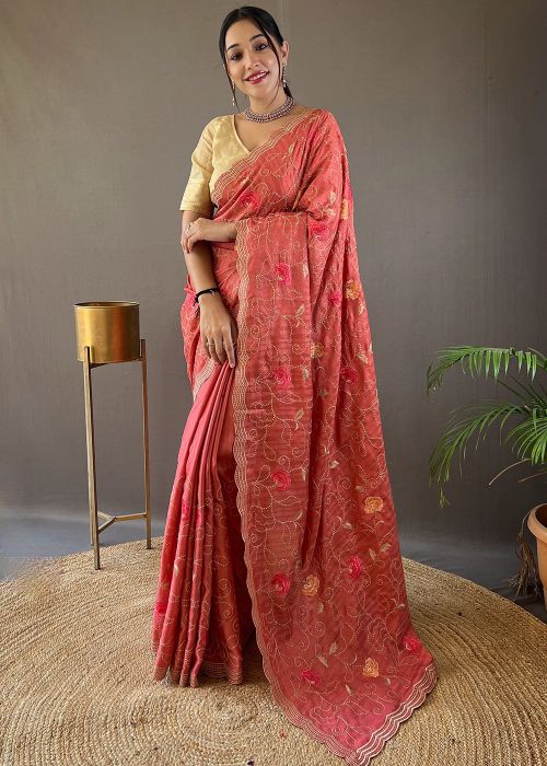 Coral Pink Embroidered Saree In Tussar Silk