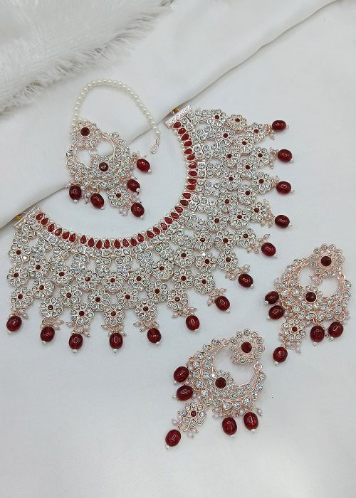 Maroon Necklace Set In Stone Work