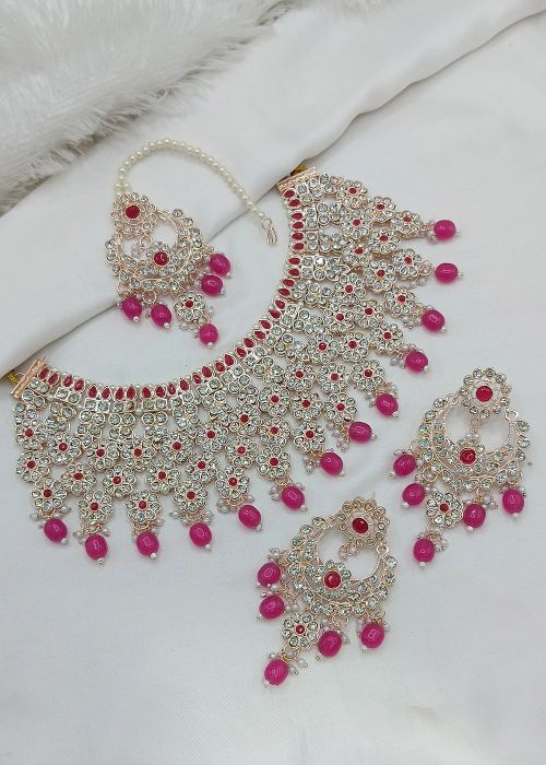 Pink Stone Work Necklace Set