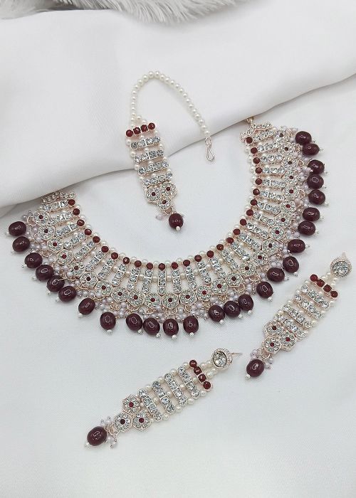 Maroon Stone Studded Necklace Set