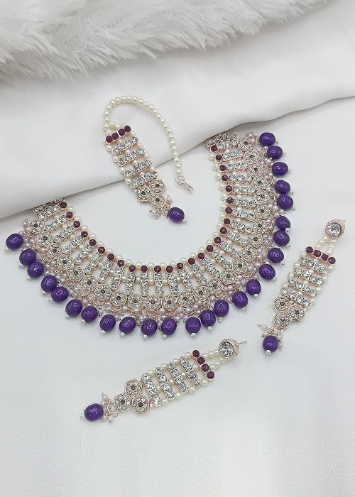 Purple Stone Studded Necklace Set