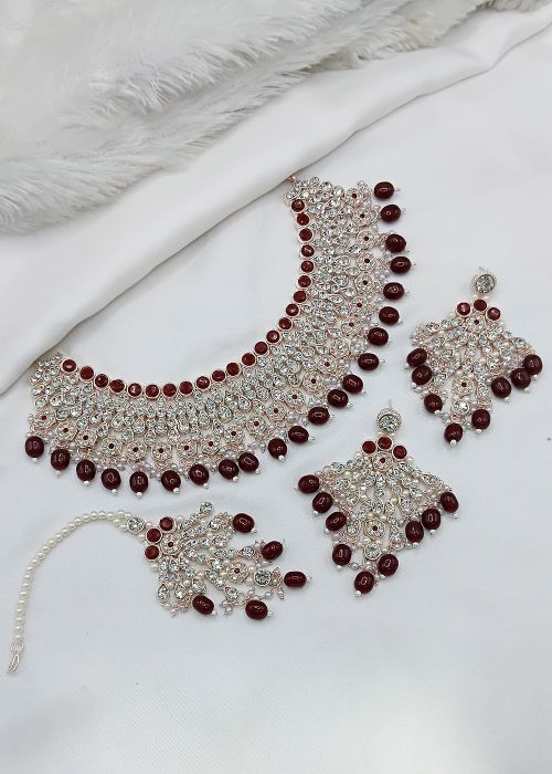 Maroon Stone Studded Necklace Set & Mangtikka