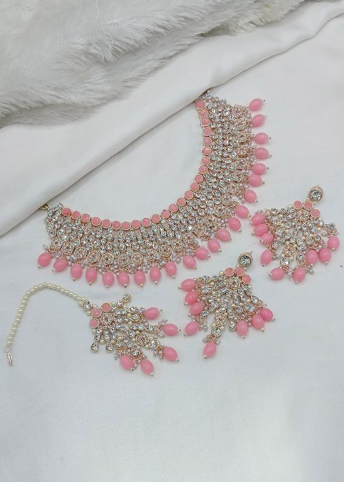 Pink Studded Stone Necklace Set