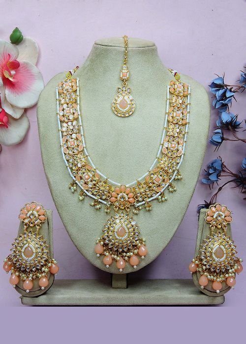Peach Necklace Set In Stone Work