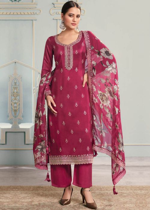Pink Embroidered Pant Suit In Art Silk