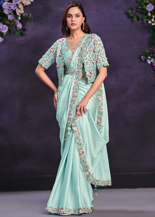 Blue Pre-Stitched Sequins Embroidered Saree