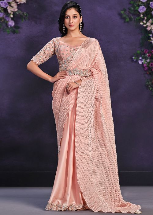 Peach Pre-Stitched Embroidered Saree
