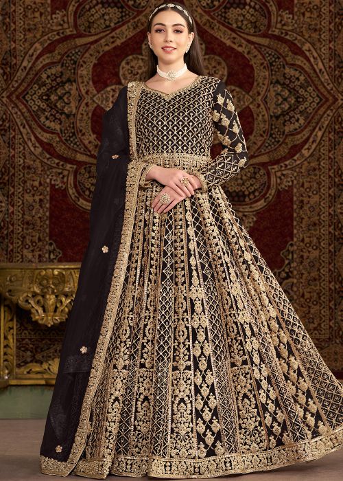 Black Zari Embroidered Abaya Style Suit In Net