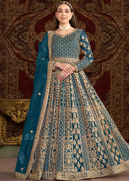 Teal Blue Embroidered Net Abaya Style Suit