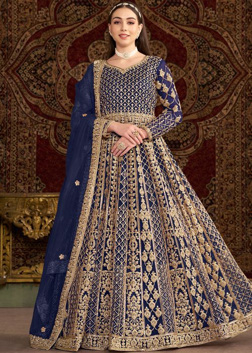 Dark Blue Embroidered Abaya Suit In Net