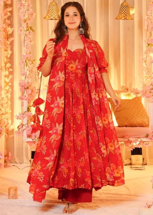 Orange Floral Print Anarkali Suit Set
