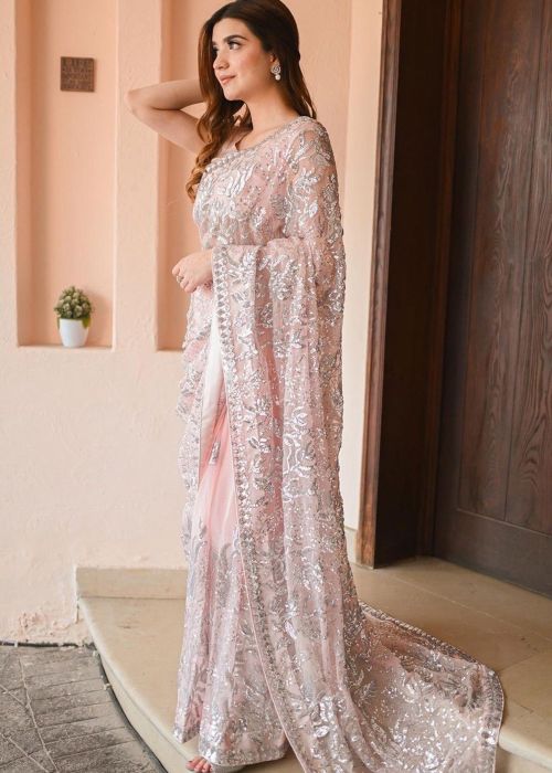 Peach Embroidered Saree In Georgette