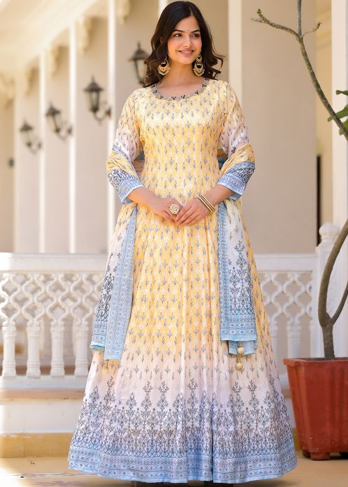 Shaded Yellow Digital Print Readymade Anarkali Suit