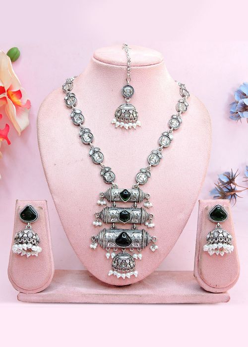 Silver & Green Oxidized Necklace Set