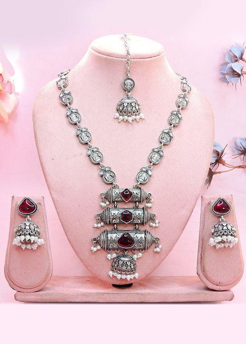 Silver & Wine Oxidized Necklace Set