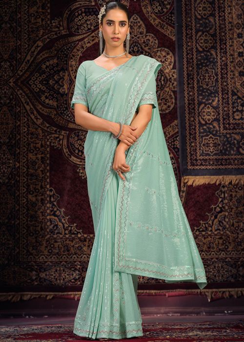 Green Georgette Sequins Embroidered Saree