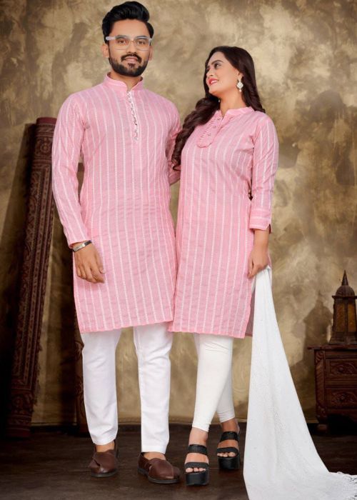 Readymade Pink Couple Wear In Stripe Print