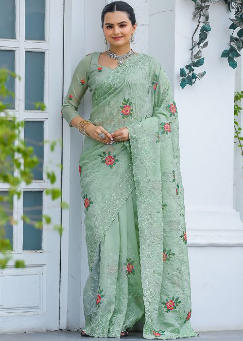 Green Embroidered Saree In Chiffon & Blouse