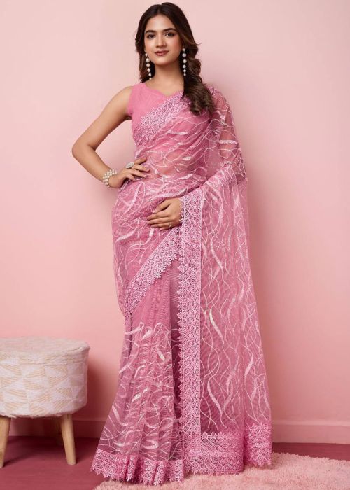 Pink Embroidered Saree In Net