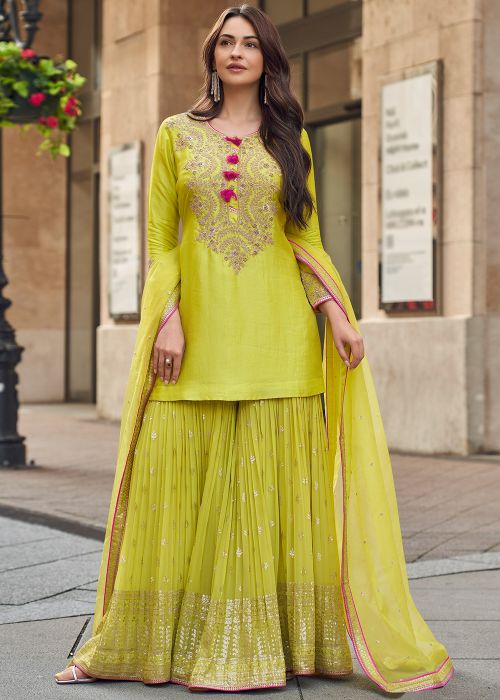 Green Embroidered Salwar Suit Set In Silk