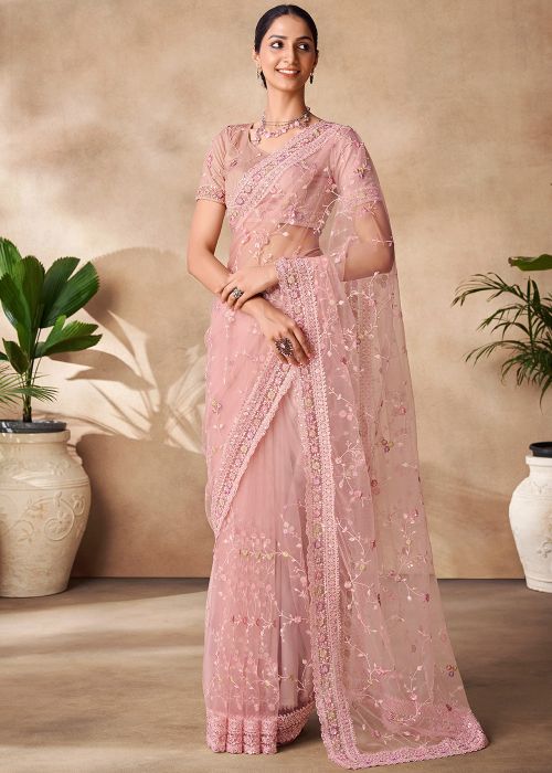 Pink Thread Embroidered Net Saree 