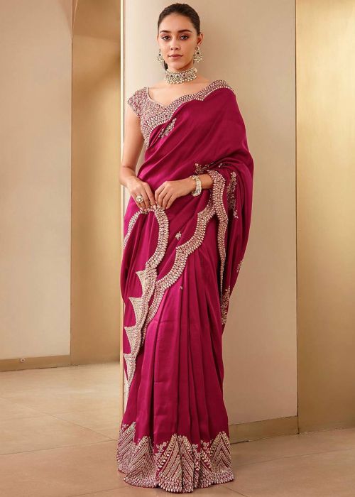 Pink Sequins Embroidered Saree In Art Silk