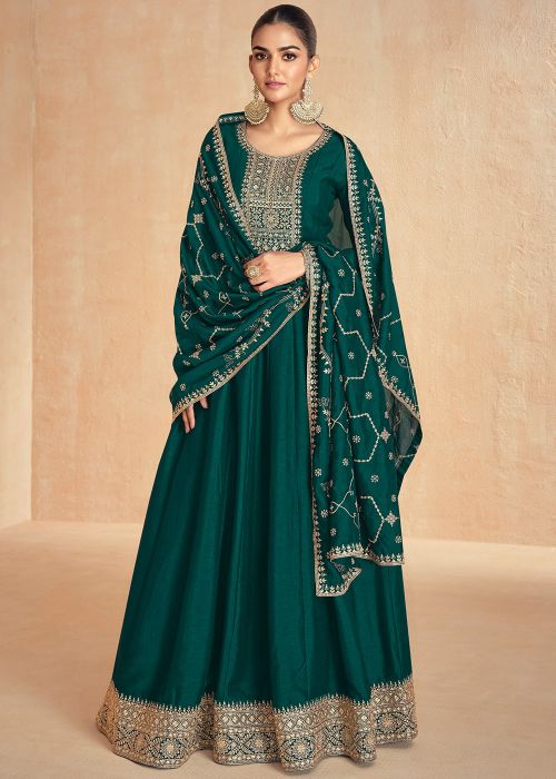 Readymade Teal Green Zari Embroidered Anarkali Suit