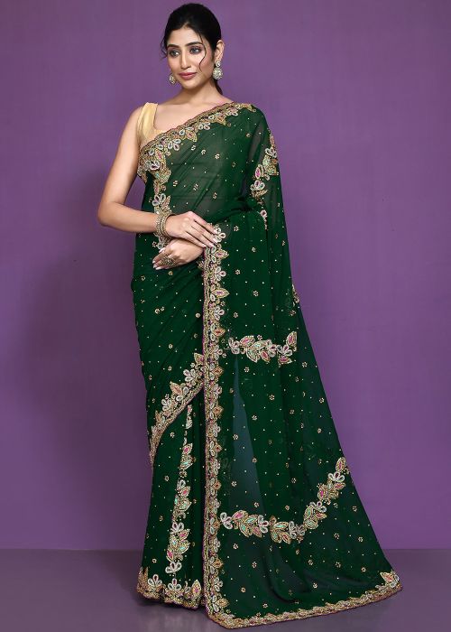 Green Georgette Saree In Handwork Embroidery