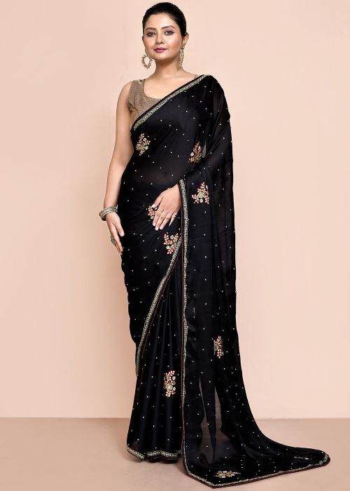 Black Satin Handwork Saree With Blouse