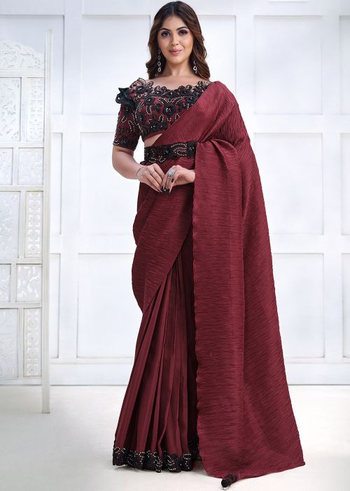 Readymade Crape Silk Saree In Maroon 