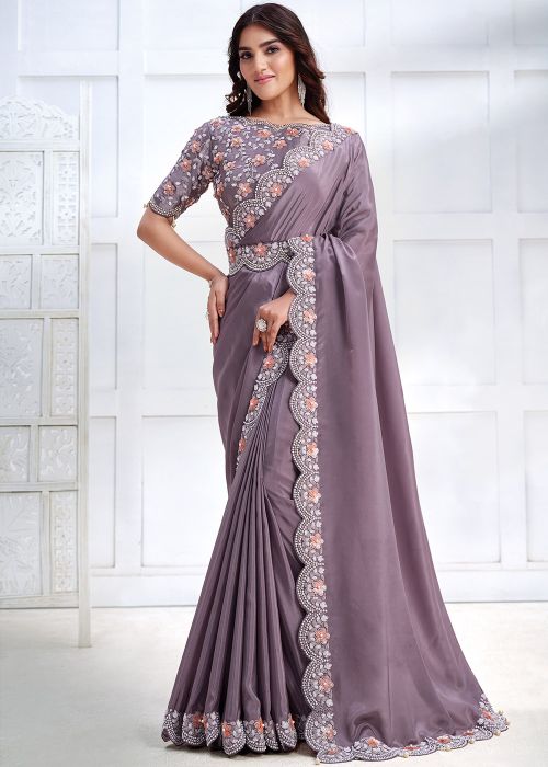 Lavender Readymade Satin Silk Saree