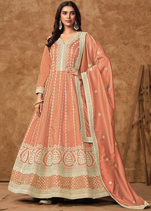 Orange Readymade Embroidered Anarkali Suit Set