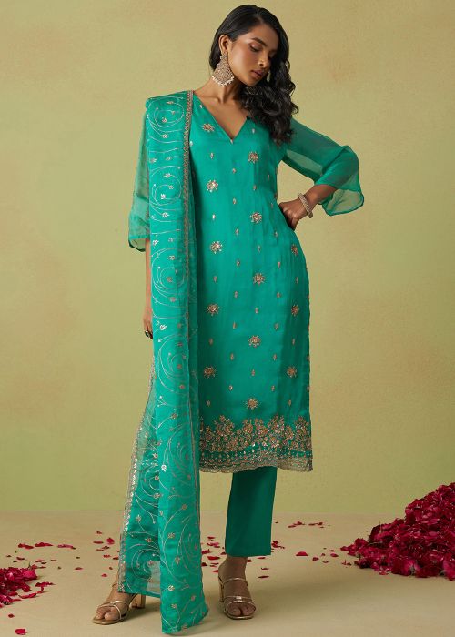 Turquoise Emboidered Pant Suit In Organza