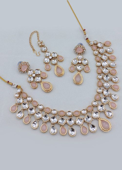 Peach Kundan Studded Necklace Set
