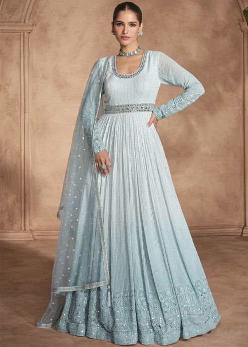 Light Blue Chikankari Embroidered Readymade Abaya Suit
