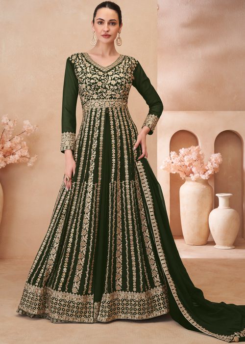 Green Kurti Lehenga With Gold Dori Detailing