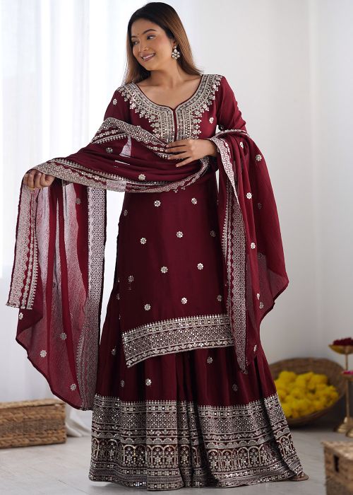 Readymade Maroon Embroidered Chiffon Sharara Suit