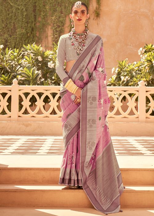 Pink Printed Art Silk Saree With Blouse