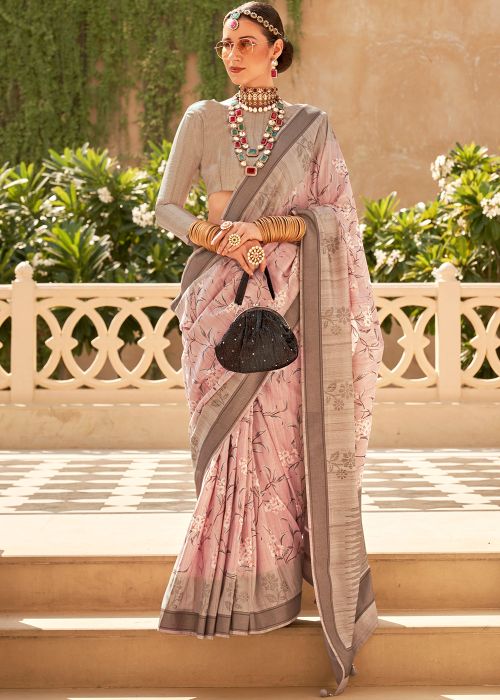 Peach Foil Printed Art Silk Saree 