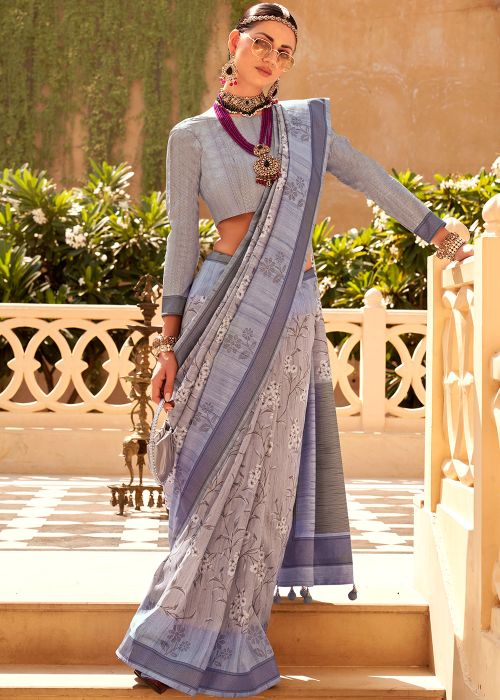 Grey Foil Printed Saree In Art Silk