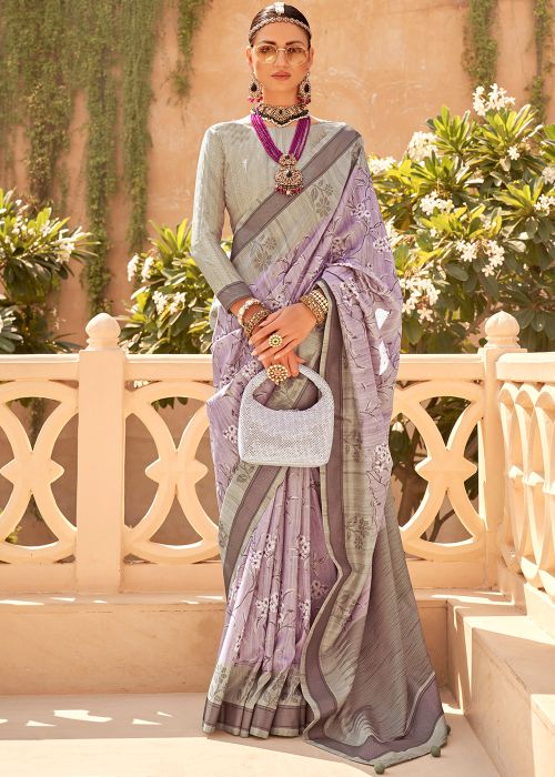 Purple Print Art Silk Saree With Blouse