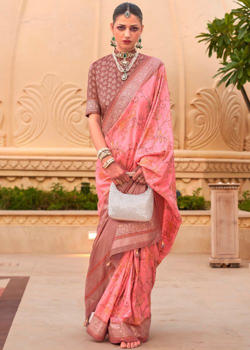 Dark Peach Print Art Silk Saree