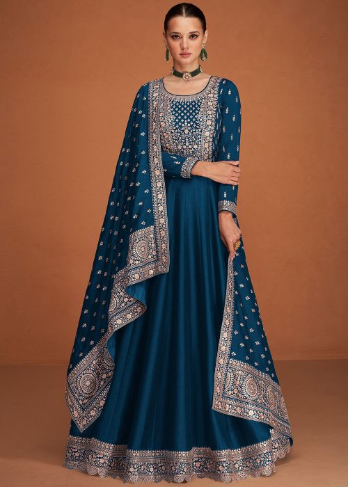 Teal Blue Embroidered Anarkali Suit In Art Silk
