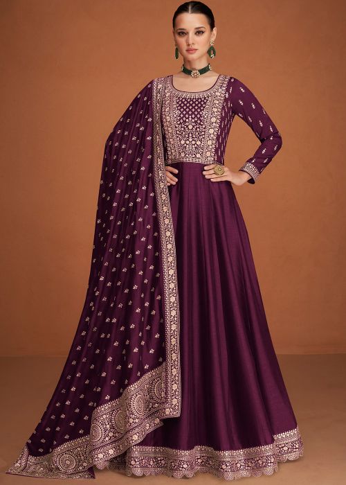 Purple Embroidered Silk Anarkali Suit
