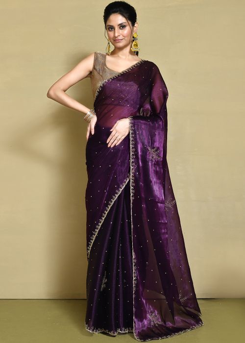 Purple Stone Work Saree In Organza