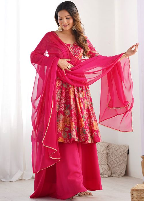 Readymade Pink Floral Print Chanderi Palazzo Suit