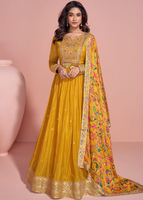 Readymade Yellow Embroidered Anarkali Suit In Chiffon